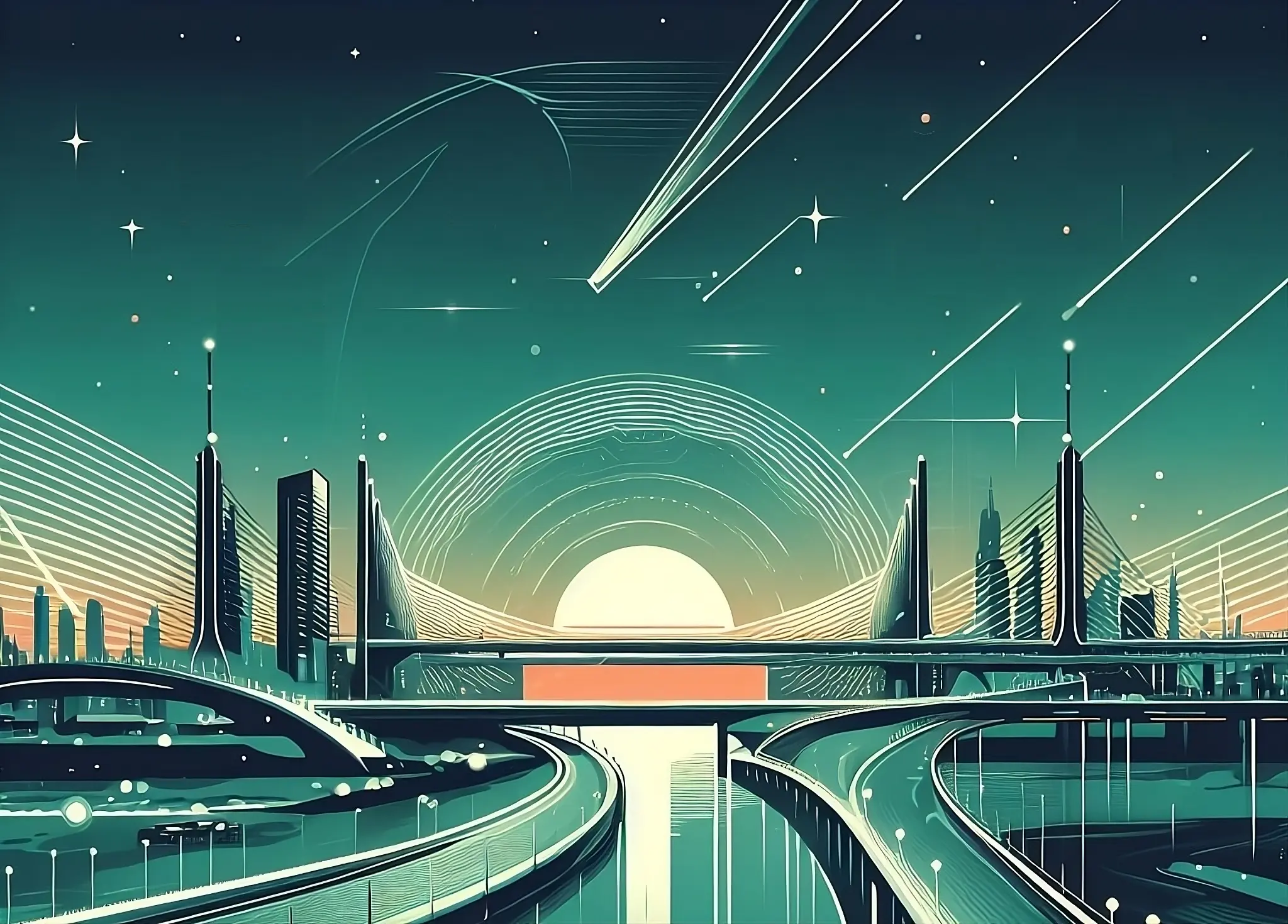 Illustration of a bridge, city, buildings, river, sunrise, and stars